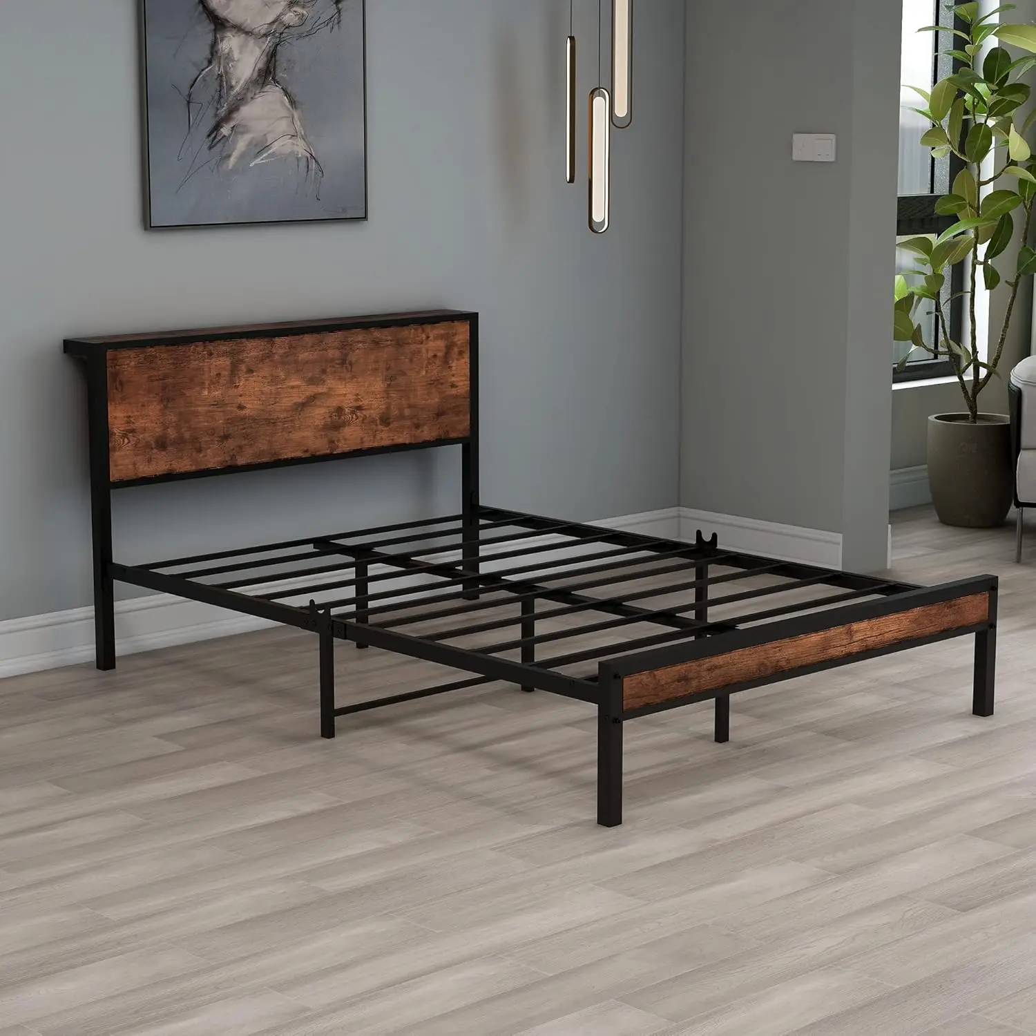 Double Bed Frame Metal Platform Bed Frame with Wood Headboard/Mattress Base/Underbed Storage/No Box Spring Needed/Brown