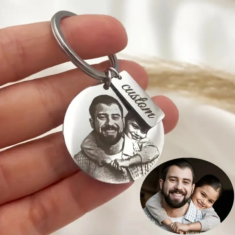 Benutzerdefinierter Foto-Schlüsselanhänger, gravierter Porträt-Schlüssel aus Edelstahl, individueller Foto-Schlüsselanhänger, runder personalisierter Schlüsselanhänger für die Familie