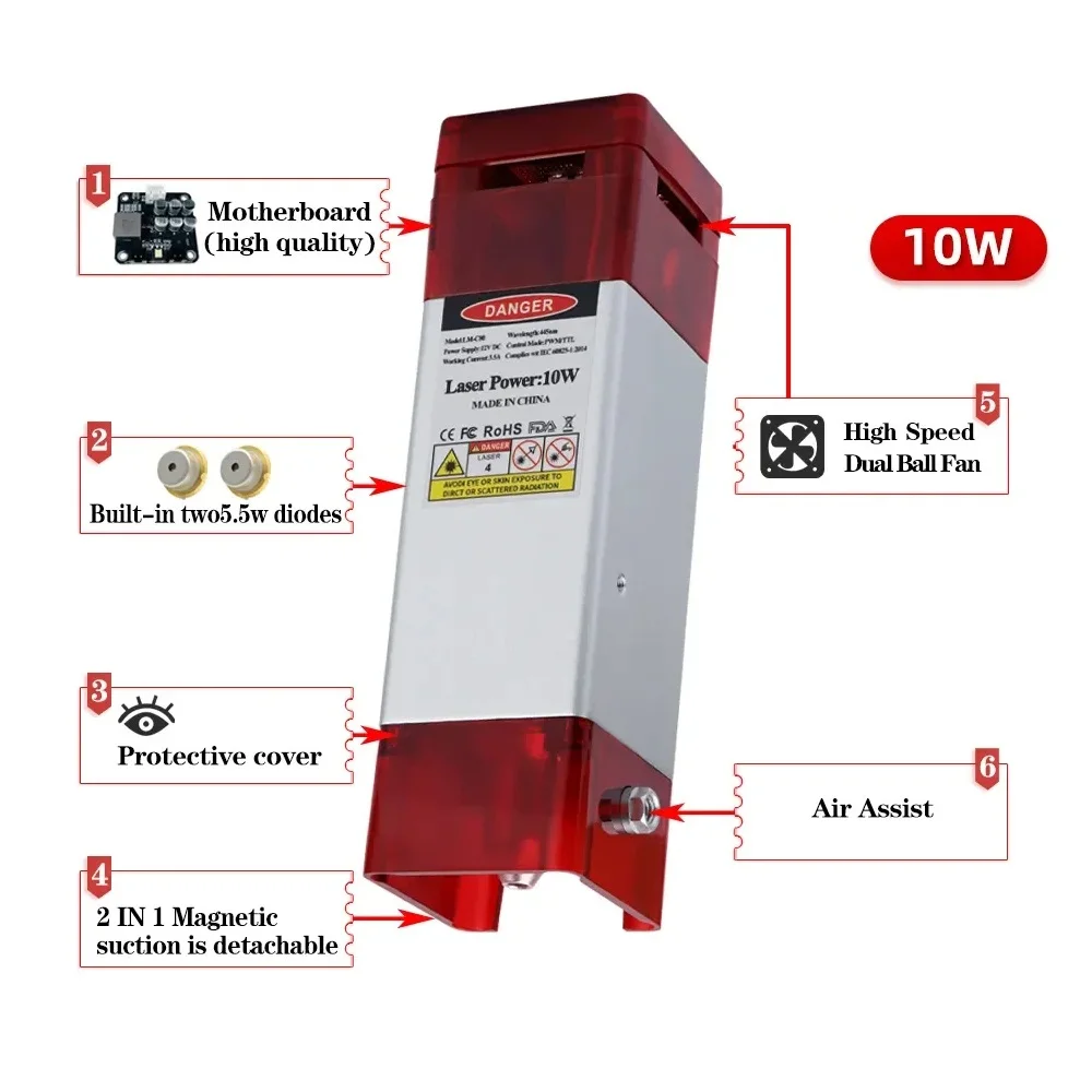 Módulo láser C80 con asistencia de aire, potencia de salida óptica de 10W, cabezal láser azul de 450nm TTL/PWM para máquinas herramientas de corte láser CNC