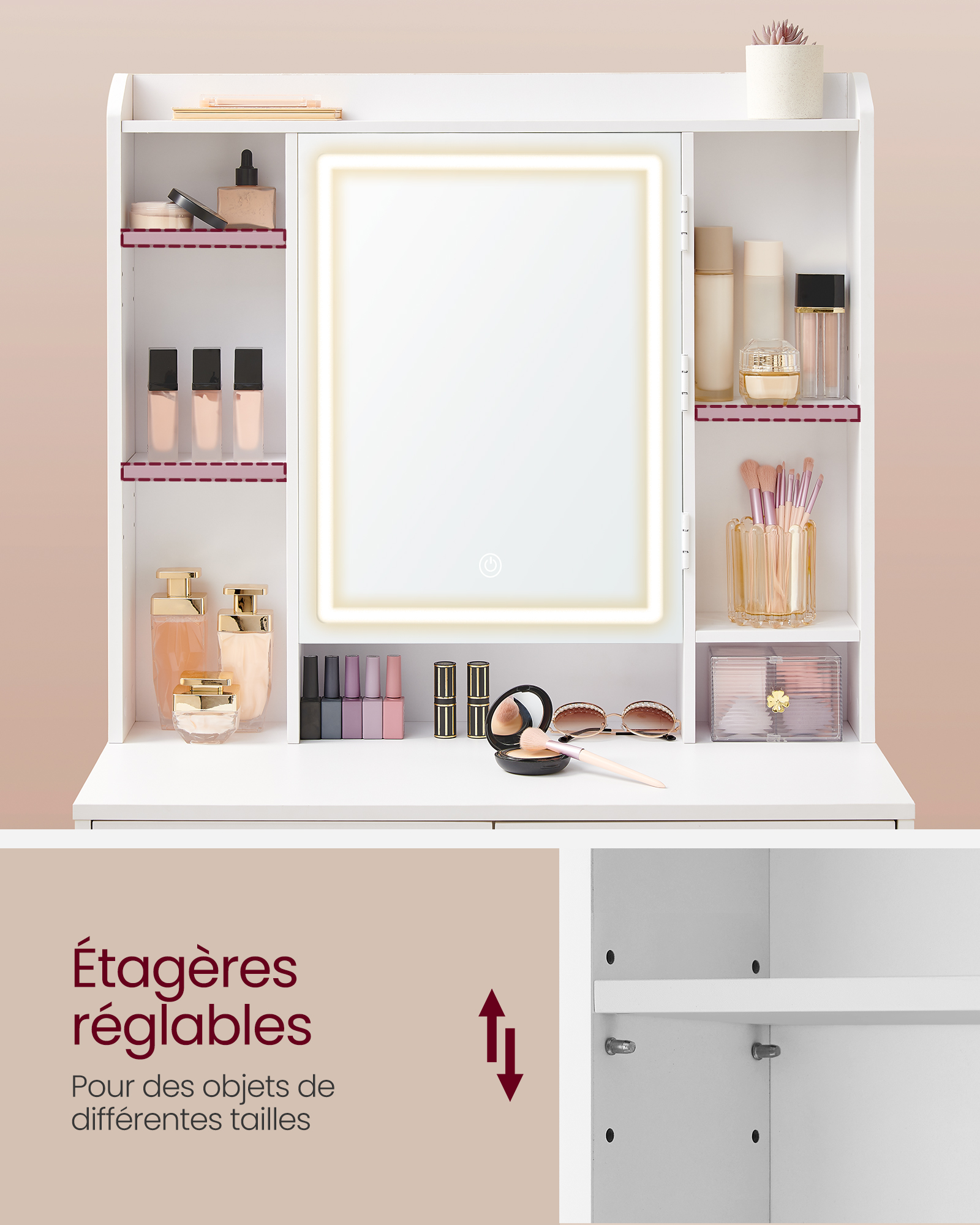 VASAGLE Coiffeuse avec LED, 3 Luminosités Réglables, Table de Maquillage avec Miroir, Tiroirs, Compartiments Ouverts, Tabouret, Étagères Réglables, Moderne