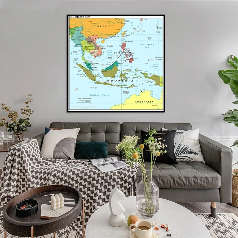 60*60Cm Đông Nam Á Bản Đồ Trong Tiếng Anh Treo Tường Trang Trí Poster Không Dệt Vải Tranh Unframed In nhà Trang Trí Phòng Khách