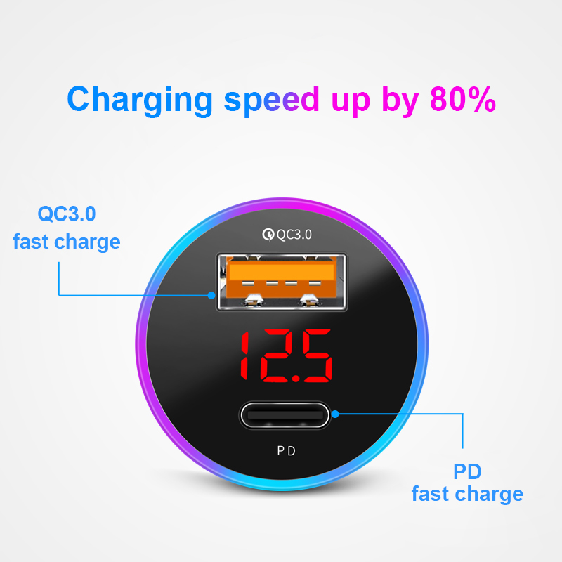SEAMETAL Autolader PD + USB QC3.0 38W Snel opladen Telefoonoplader 12-24V Sigarettenaanstekeradapter met Led Voltmeter Display