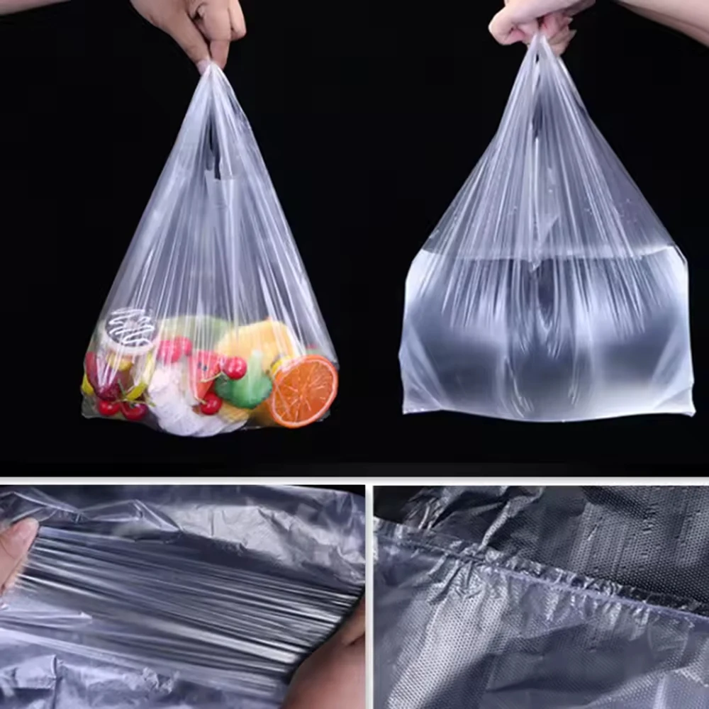 Saco de compras de plástico 100 pces saco de compras transparente sacos de plástico do supermercado com punho embalagem de alimentos
