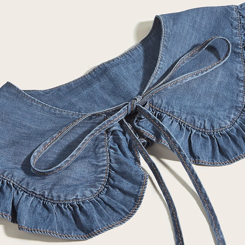 Cuello tipo chal de mezclilla lavado para mujer con encaje plisado y cuello falso de moda