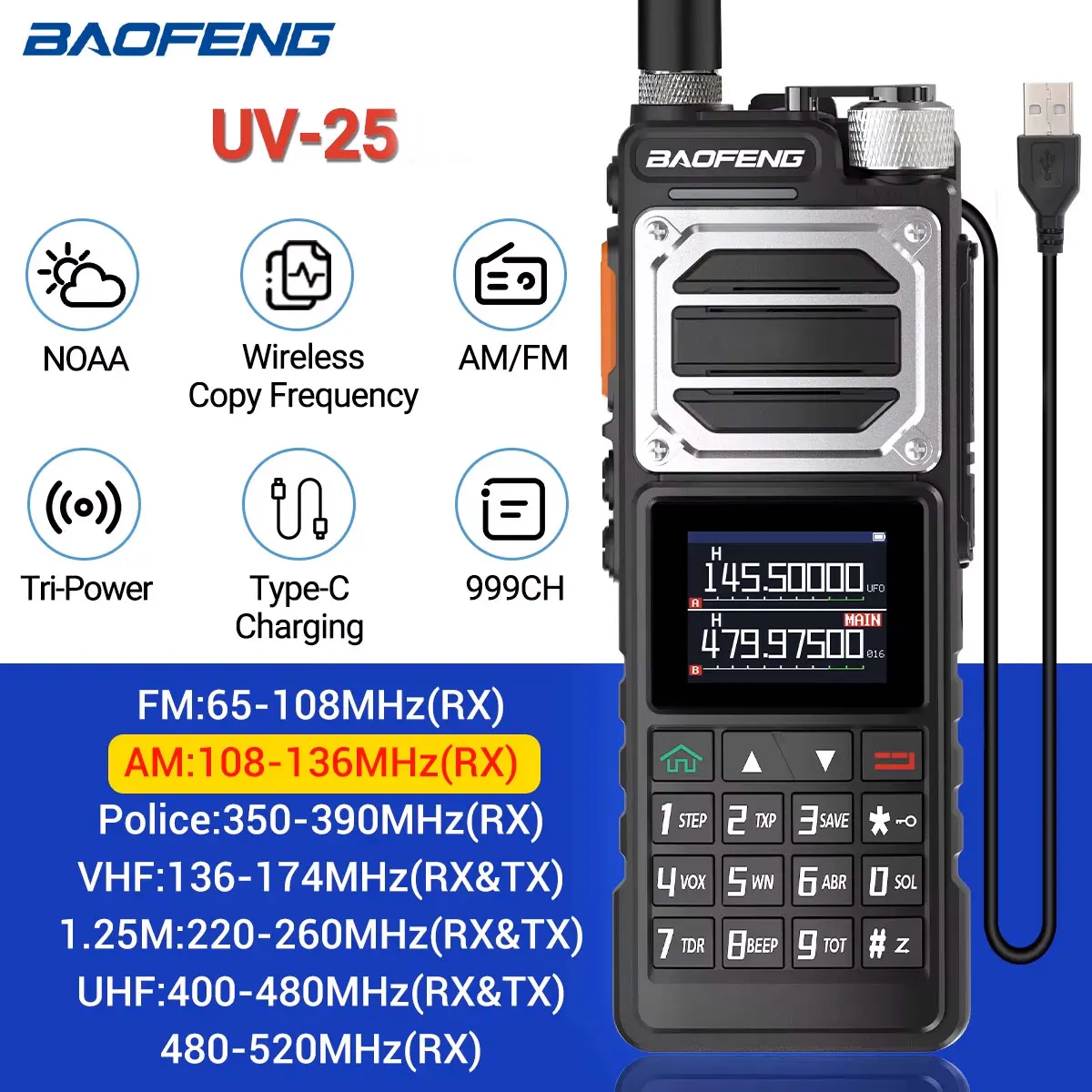 Baofeng UV-25 10W Walkie Talkie Long Range Full Band Wireless Copy Frequency NOAA Typ-C High Power Ham Two Way Radio