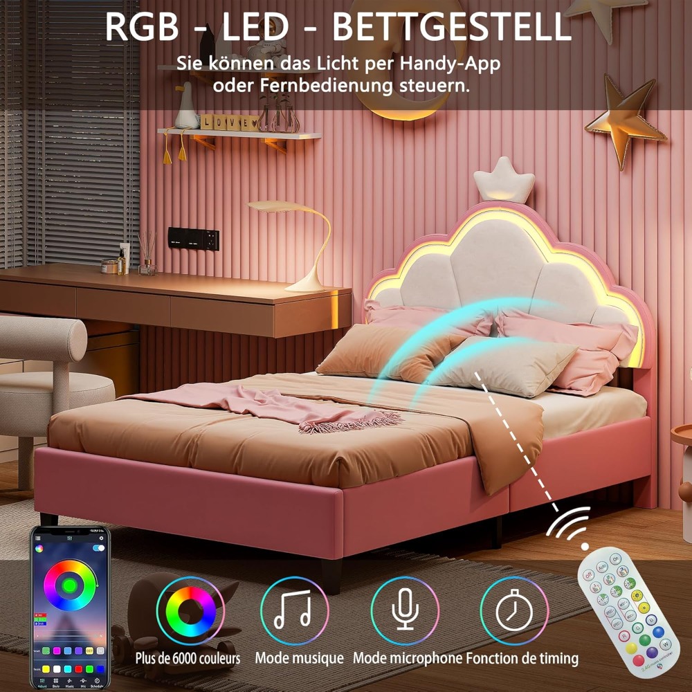 Cama individual para niños acolchada regulable en altura de princesa rosa 90x200 con cabecero de corona LED