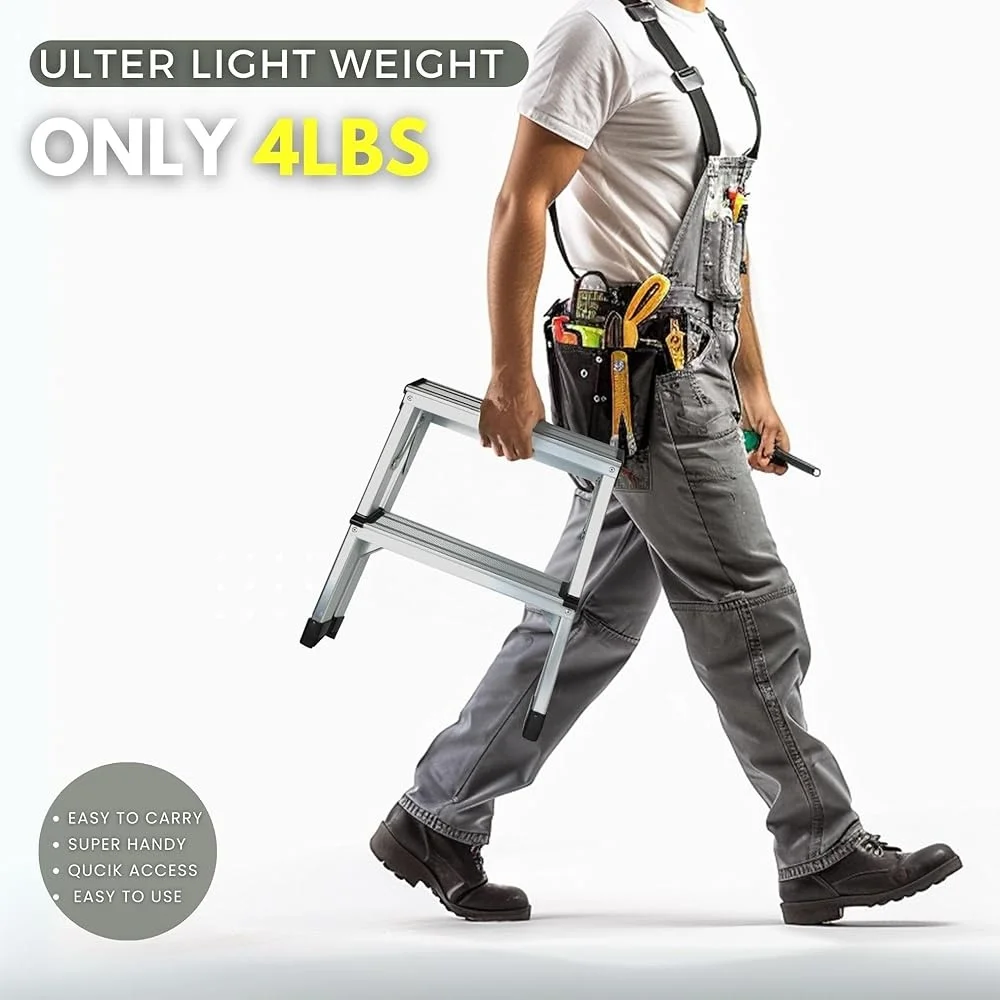 Lightweight Aluminum 2 Step Stool Folding Ladder Compact Portable Step Ladder Home Kitchen Utility Outdoor Use