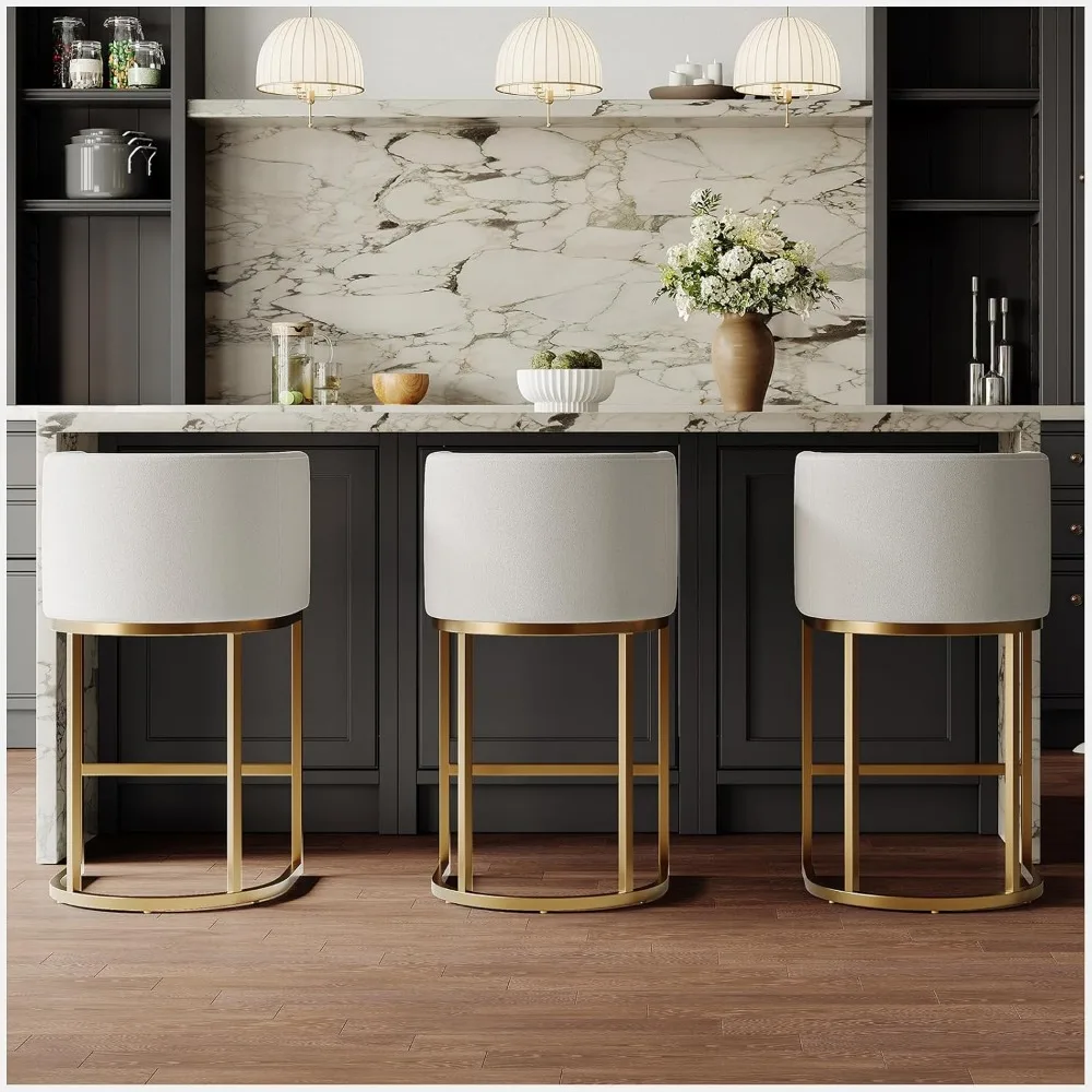 Modern Counter Height Bar Stools,Bar Stools Set of 3,Fabric Upholstered Barrel Barstools with Backs,26'' Kitchen Island Chairs