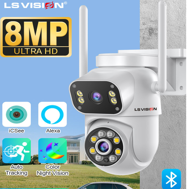 LS VISION 8MP Dual Screen Wifi Camera PTZ Color Night Vision Outdoor Security Protection CCTV IP Camera ICSee NVR P2P USB Cam