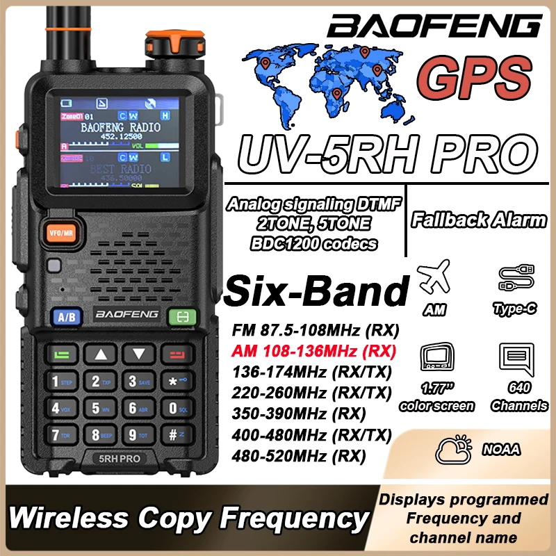Baofeng UV-5RH PRO GPS Walkie Talkie Multi Band AM Frecuencia de copia inalámbrica 640CH Tipo-C Radioaficionado de 2 vías de largo alcance 5RH Nueva actualización