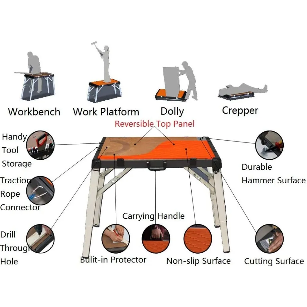 WINTOOLS 4-in-1 Multi-Function Portable Folding Workbench/Scaffold Platform/Creeper Carrier/Hand Truck