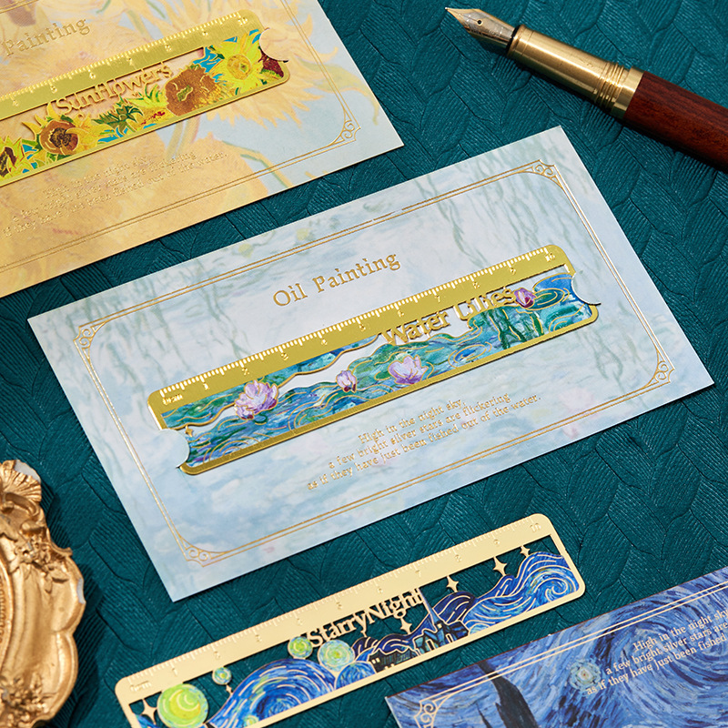 ประณีตภาพวาดสีน้ํามันองค์ประกอบไม้บรรทัด Creative Sunflower Lotus ไม้บรรทัดโลหะบุ๊คมาร์ควัดเครื่องมือเครื่องเขียนนักเรียน