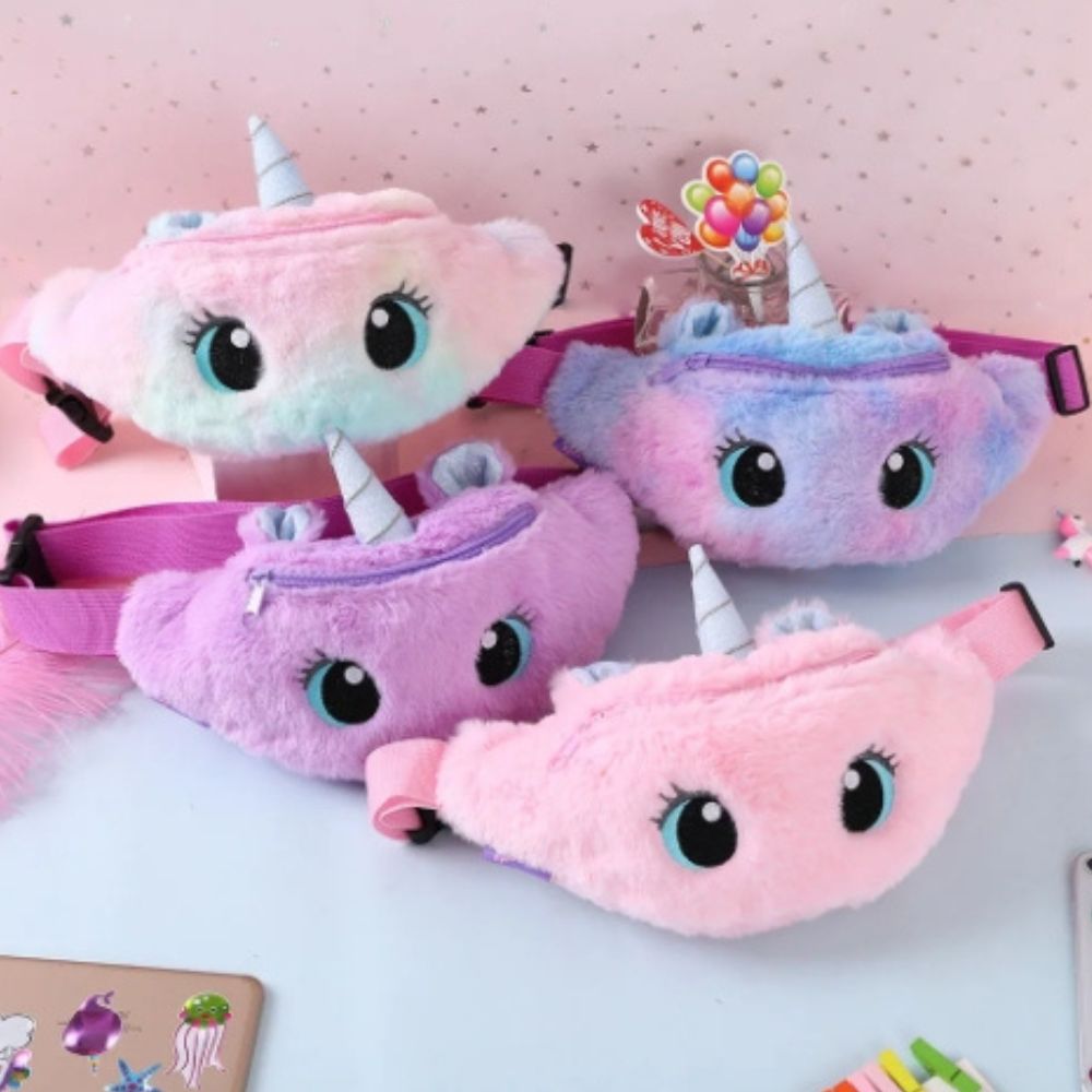 Unicórnio Fanny Pack de pelúcia para crianças, cor gradiente, saco de peito, porta-moedas dos desenhos animados, saco de cintura, viagem, cinto, fofo, meninas