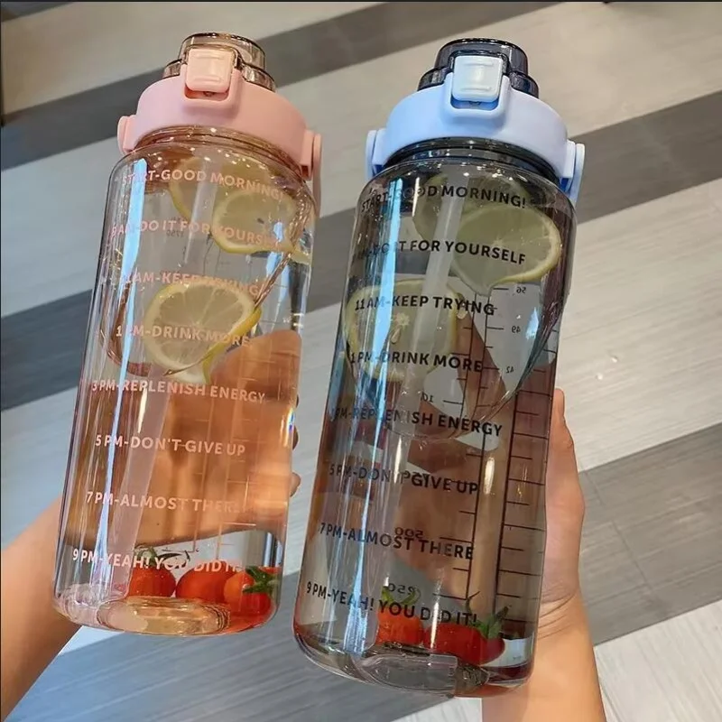 Large Capacity Plastic Straw Portable Sports Straw Water Bottle With Time Marker 2L Large Capacity Cup，Water Jug With Handle