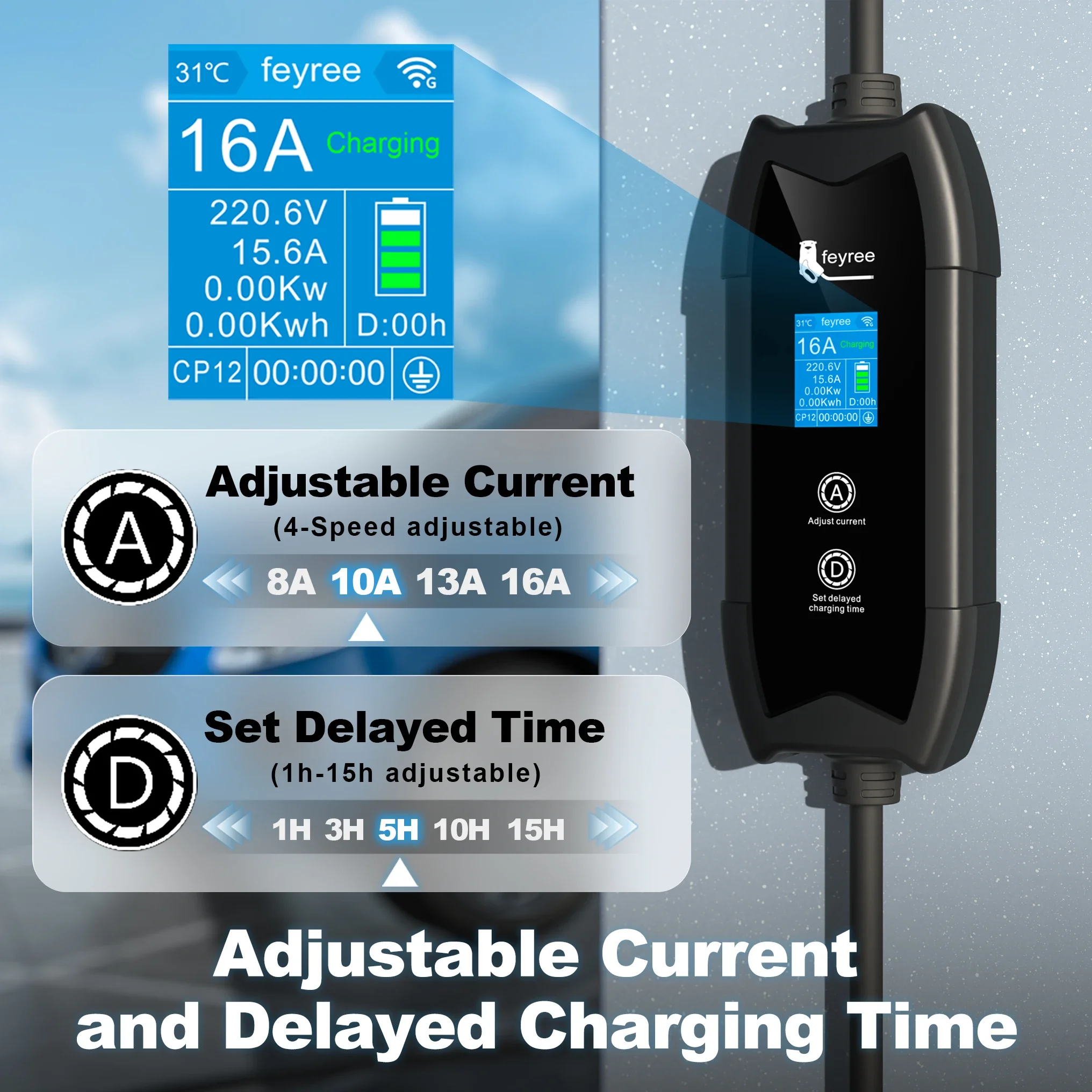 Feyree EV-Ladegerät Typ2 16A 3,5 kW 1 Phase WIFI APP-Steuerung 5 m Kabel Tragbares Ladebox-Set Lade- und DelayTime für EV-Autos