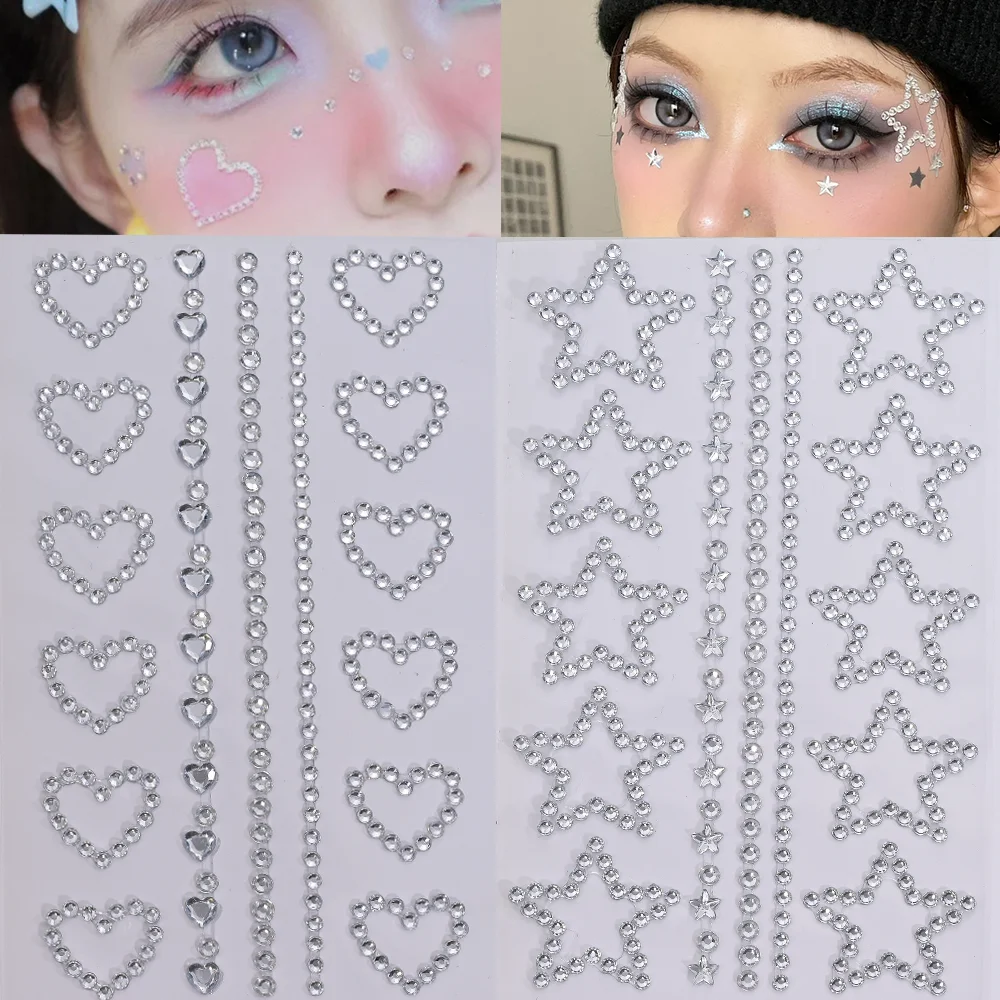 1 Stücke 3D Hohl Stern/Herz Gesicht Edelstein Tattoos Aufkleber Selbstklebende Kristall Schmuck Tattoo DIY Auge/körper Make-Up Dekor Strass *