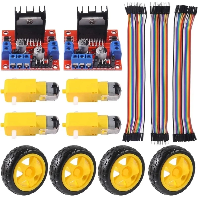 L298N-Motorantriebs-Controllerplatine + 4 DC-TT-Motoren + 4 Räder + 3 Spezifikationen von DuPont-Kabeln
