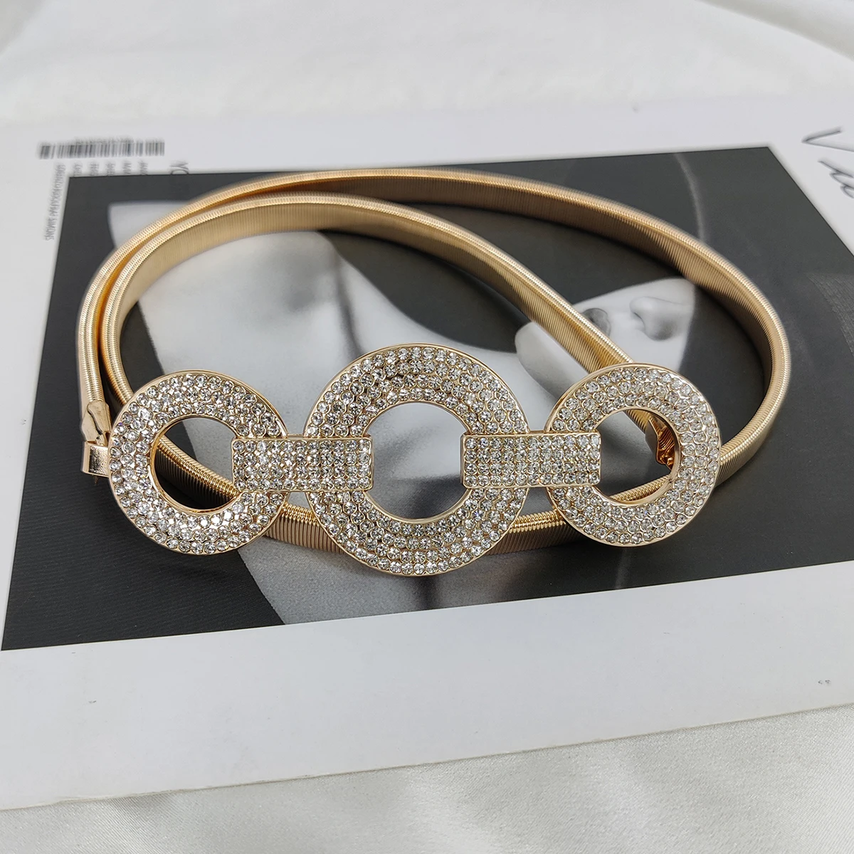 แฟชั่น Elastic Gold Chain เข็มขัด Rhinestone เข็มขัดผู้หญิงคุณภาพสูงยี่ห้อยืดเข็มขัดโลหะ Riem
