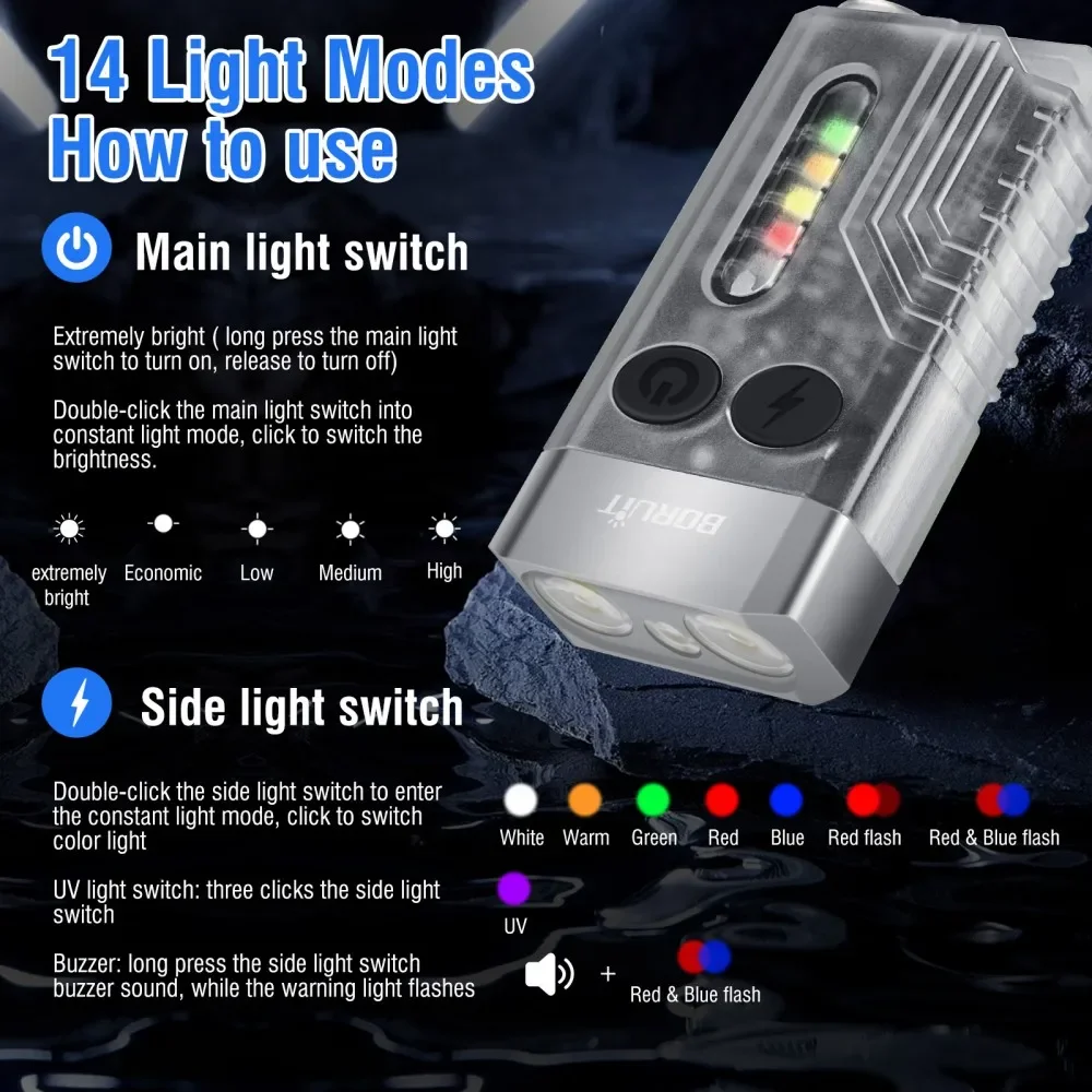 BORUiT V10 EDC llavero LED linterna fluorescente tipo C linterna recargable luz de trabajo imán zumbador 365nm UV V3 Plus linterna