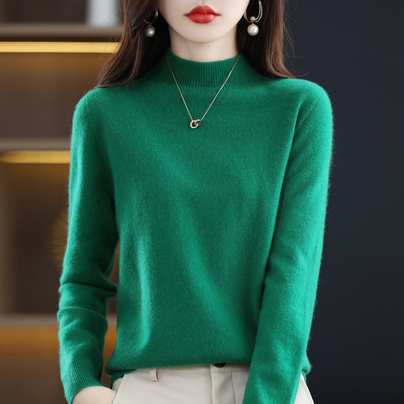Suéter de cachemira de Color sólido medio alto para mujer, Jersey holgado, Base superior de punto básica para ir al trabajo, otoño e invierno
