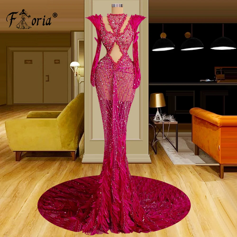2 Designs Luxus stark Perlen Federn Perlen Meerjungfrau Abendkleid lange Ärmel formelle Event Kleider vestidos de festa plus siz