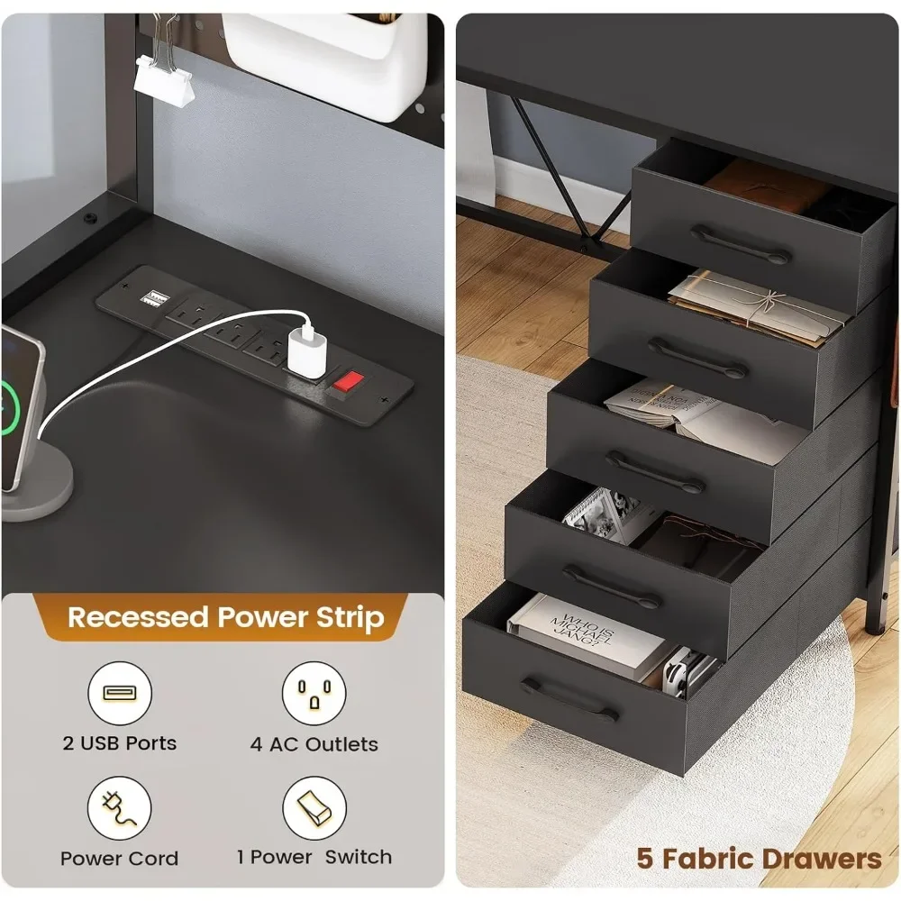 L Shaped Gaming Desk with Drawers, L Shaped Computer Desk with Hutch and Storage Shelves, Gaming Desk with Pegboard, Led