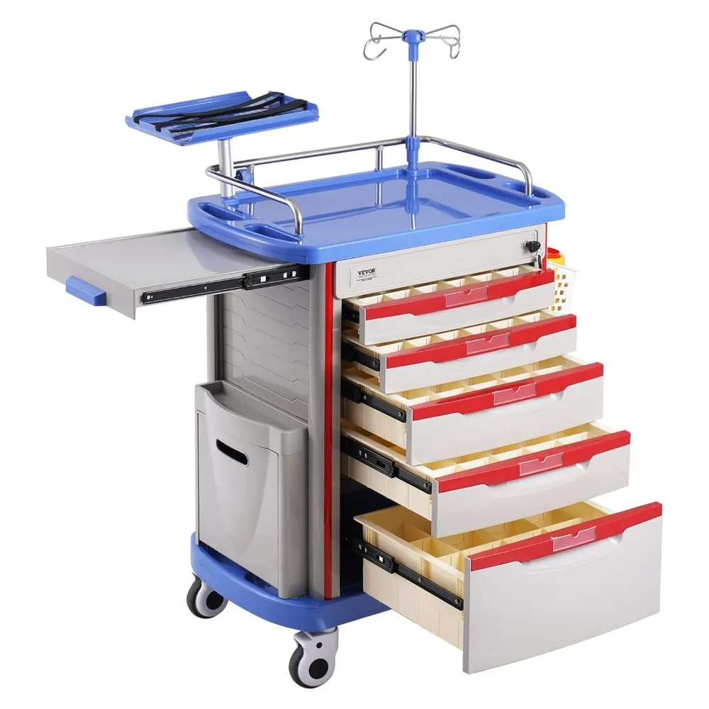 5-Tier Lab Cart With 5 Drawers, 4 Silent Wheels & 2 Trash Cans - Mobile Medical Utility Cart, PP Material - for Clinic, Hospital
