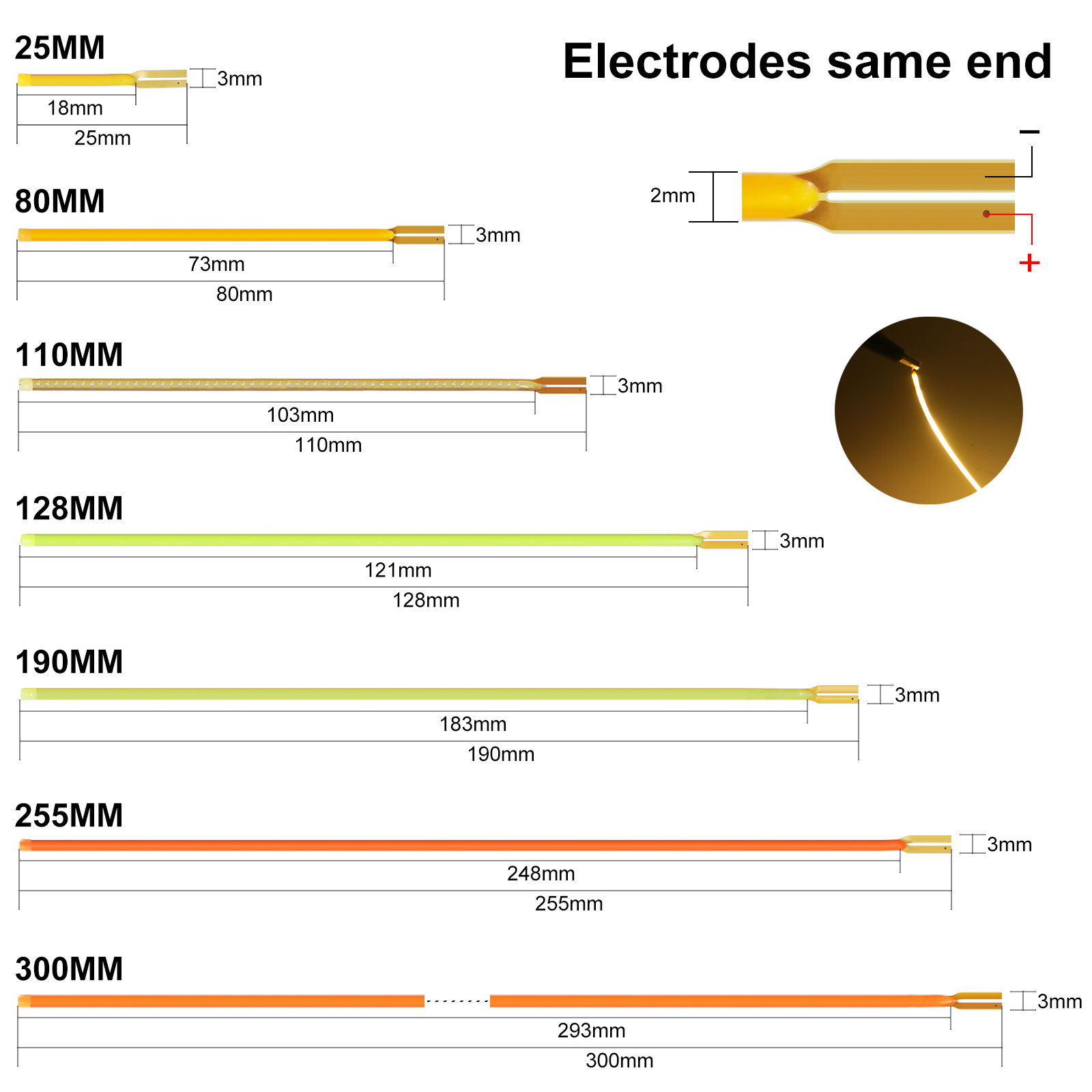COB LED Гибкая нить свободного выреза DC 3 В 25 мм 80 мм 128 мм 190 мм 300 мм Ретро Лампа Эдисона Детали лампы Светодиодная диодная лента Декор