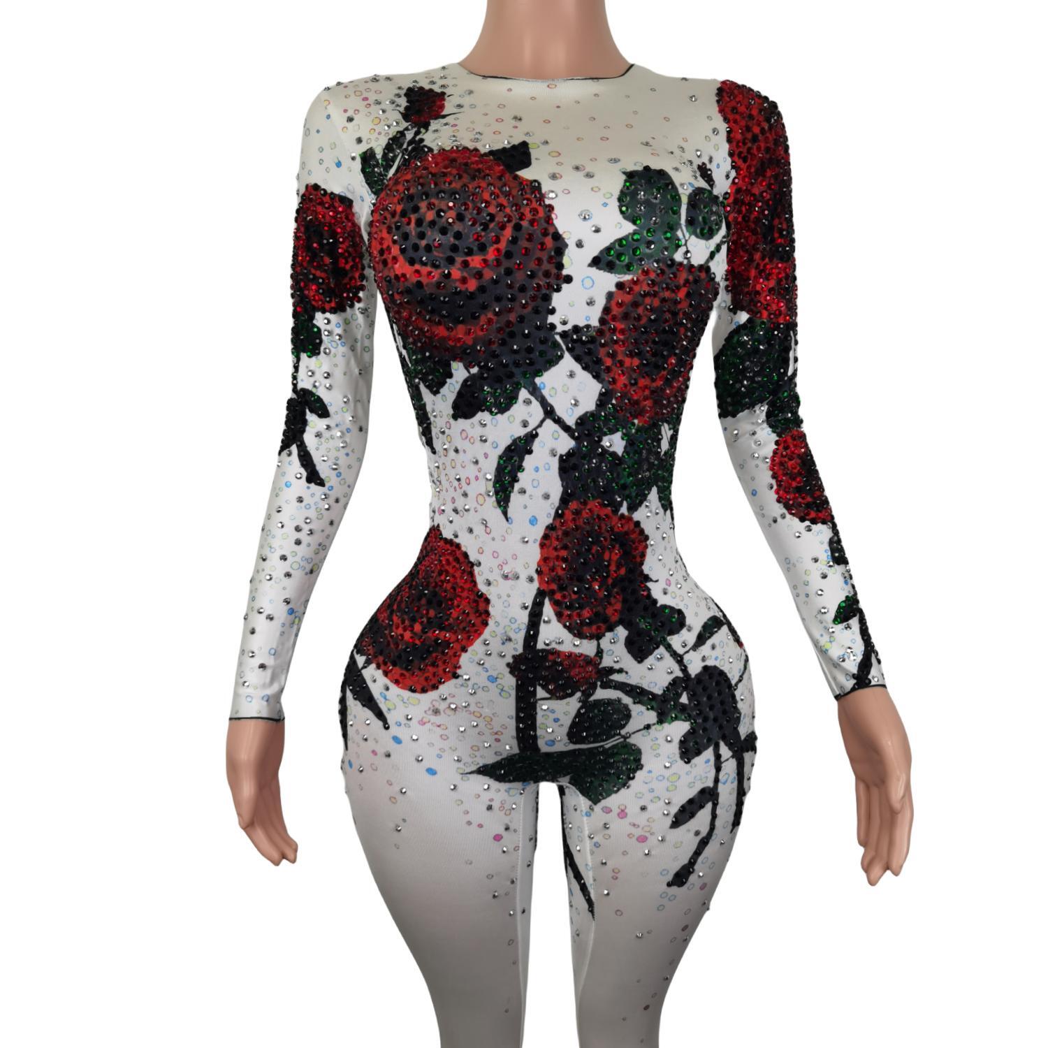 女性のための光沢のあるナイトクラブジャンプスーツ,スリムフィット,誕生日パーティーの服,ステージウェア,花柄,miguu