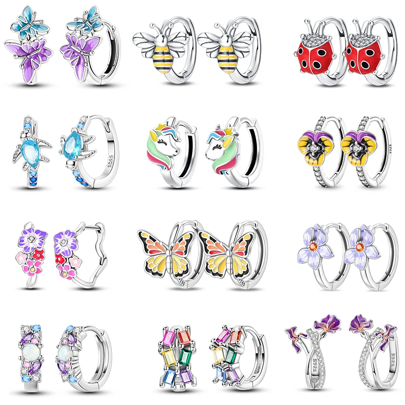 100% 925 Sterling Silver Kolorowy motyl Pszczoła Biedronka Tęczowy kwiat Kolczyki dla kobiet Moda Biżuteria urodzinowa Prezenty