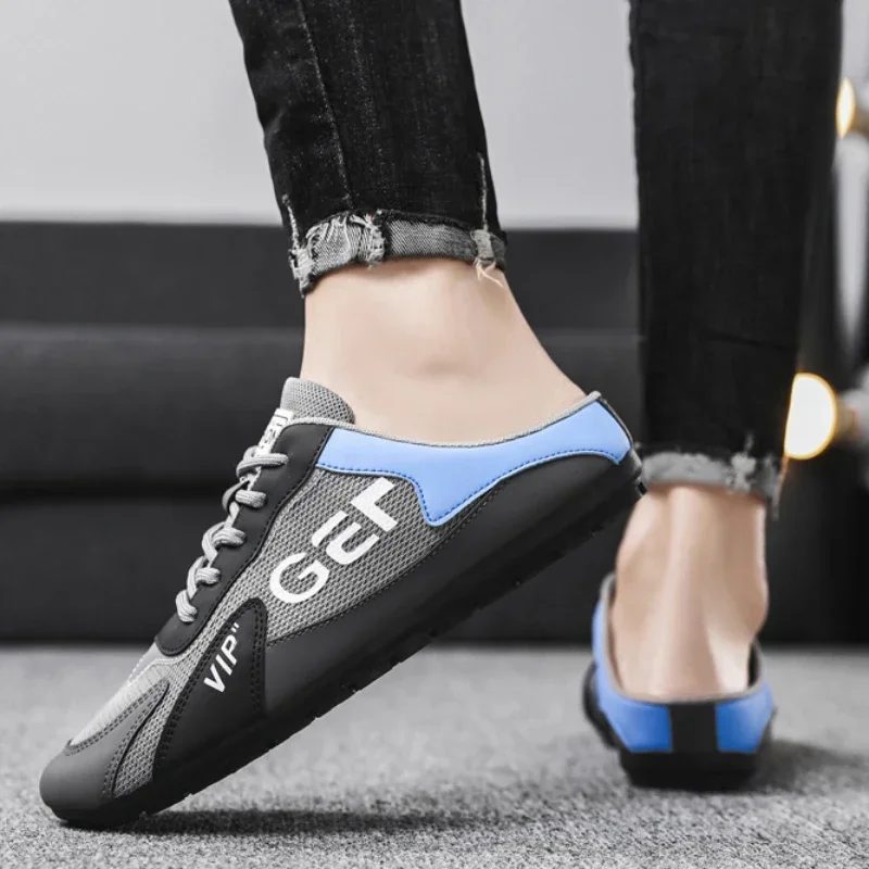 Chinelos masculinos tendência baotou sapatos para homens verão respirável sapato casual vulcanizado apartamentos tênis masculinos metade deslizamento-em sapatos