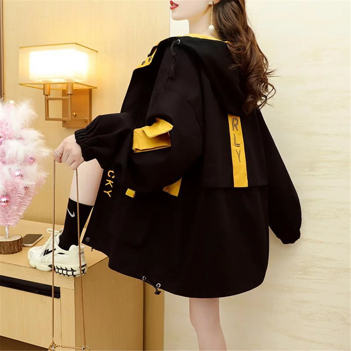 Chaqueta de trabajo de moda para mujer, ropa de calle Harajuku, Kpop Sudadera con capucha, Tops de Anime Vintage Ulzzang, chaqueta de retales para novio para mujer, otoño