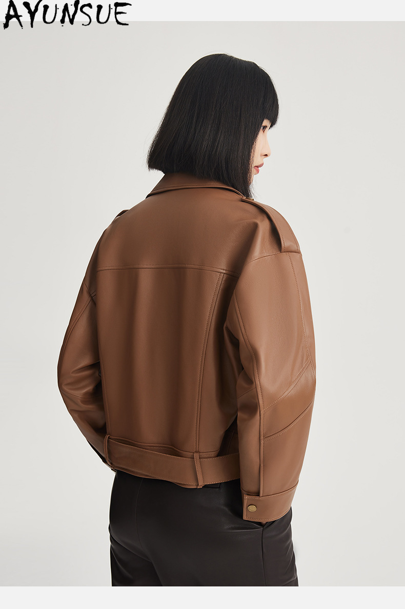 Ayunsue-本革のジャケット2023,女性用,短い本革のシープスキンジャケット,ルーズフィット,バイカーストリートウェア,新しいファッション,