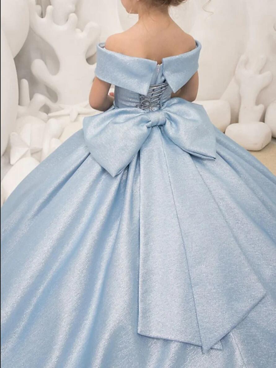 Hellblaue Blumenmädchenkleider mit einfacher Schleife, elegantes Prinzessinnen-Satin-Ballkleid für Kindergeburtstagsfeier, Erstkommunionkleid