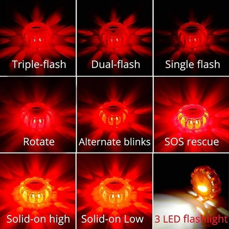 3 Pack LED Road Flares Flashing Emergency Warning Light USB Rechargeable Help Flash Roadside Safety Disc Magnetic Flashing Base