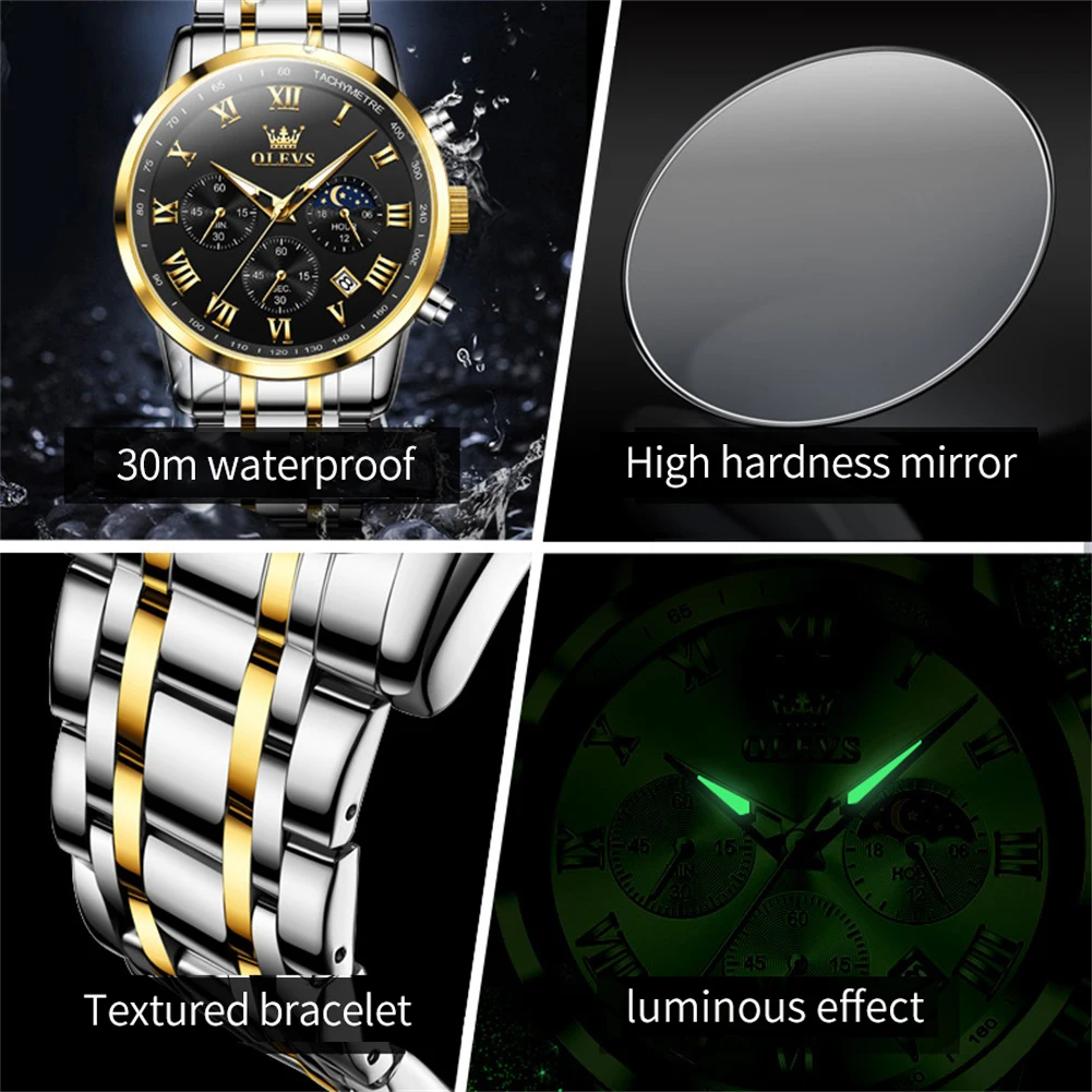 OLEVS 5529 reloj de marca de lujo para hombre, resistente al agua, luminoso, de acero inoxidable, con código de sincronización de fase Lunar, nuevo reloj de cuarzo para hombre