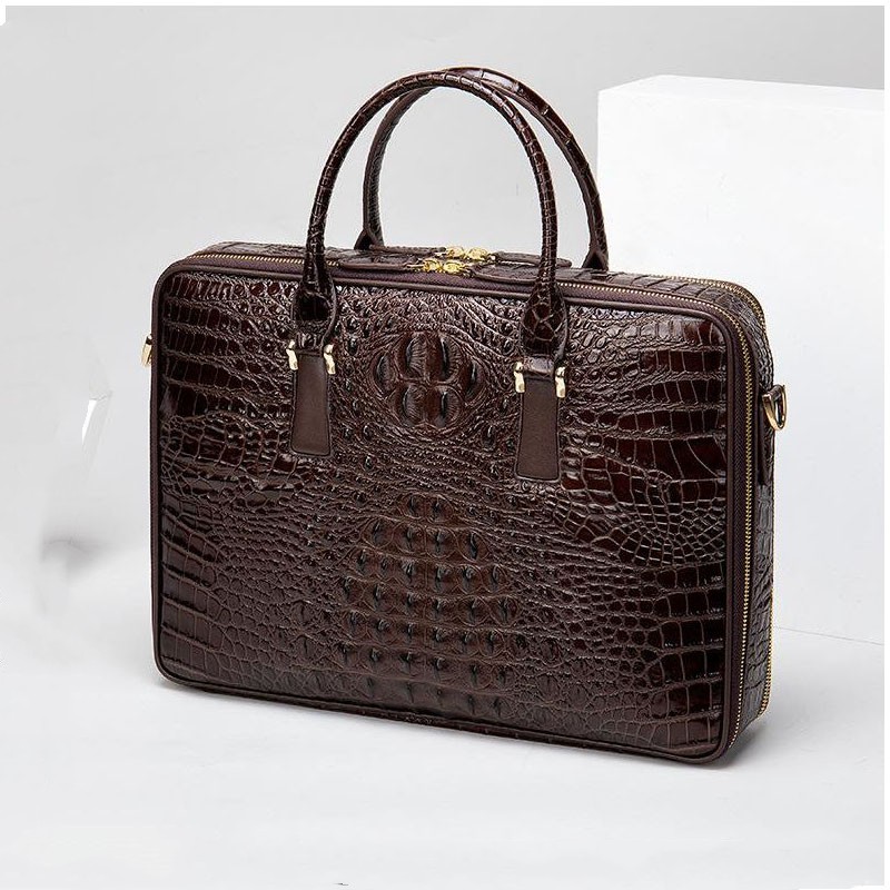 Maleta Crossbody de couro masculina, Crocodile Print Tote Bag, Business Computer Bag, 14"