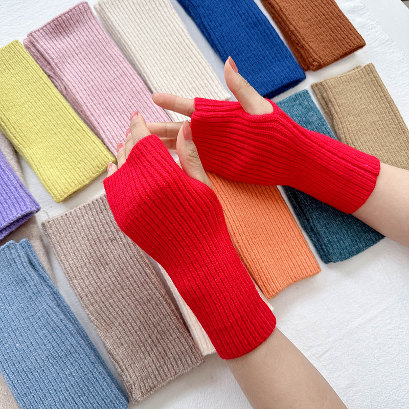 女性用フィンガーレスアームスリーブ手袋、モノクロ、ニット、伸縮性、ハンドウォーマー、カジュアル、ソフトミトン、暖かい、冬、20cm