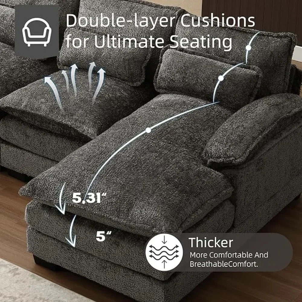 110"Sectional Sofa Couch for Living Room,Modern Chenille U-Shaped Couch,Comfy Modular Sofa Sleeper w Double Chaise Memory Foam
