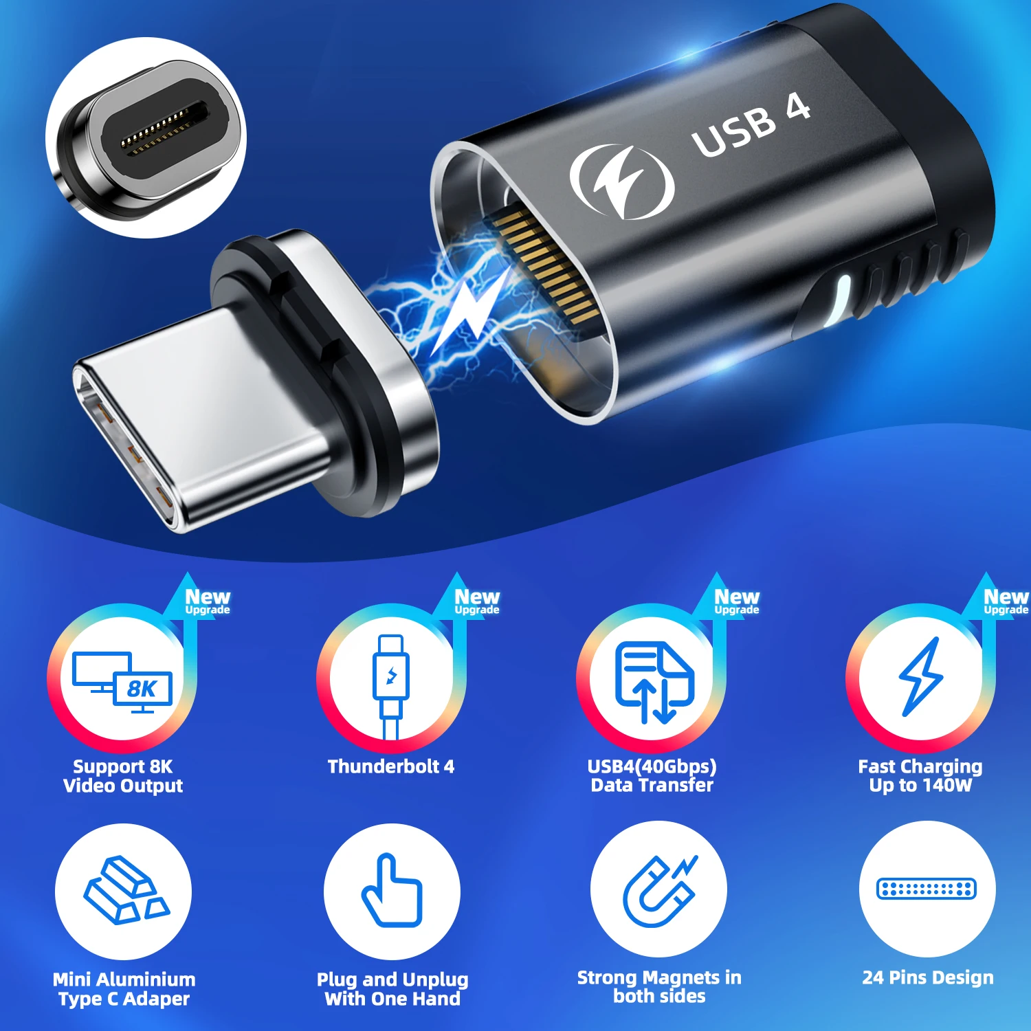 Магнитный адаптер USB 4.0 USB C, разъем типа C PD 140 Вт, быстрая зарядка, 40 Гбит/с, конвертер 8K при 60 Гц, передача данных для Macbook Pro Air