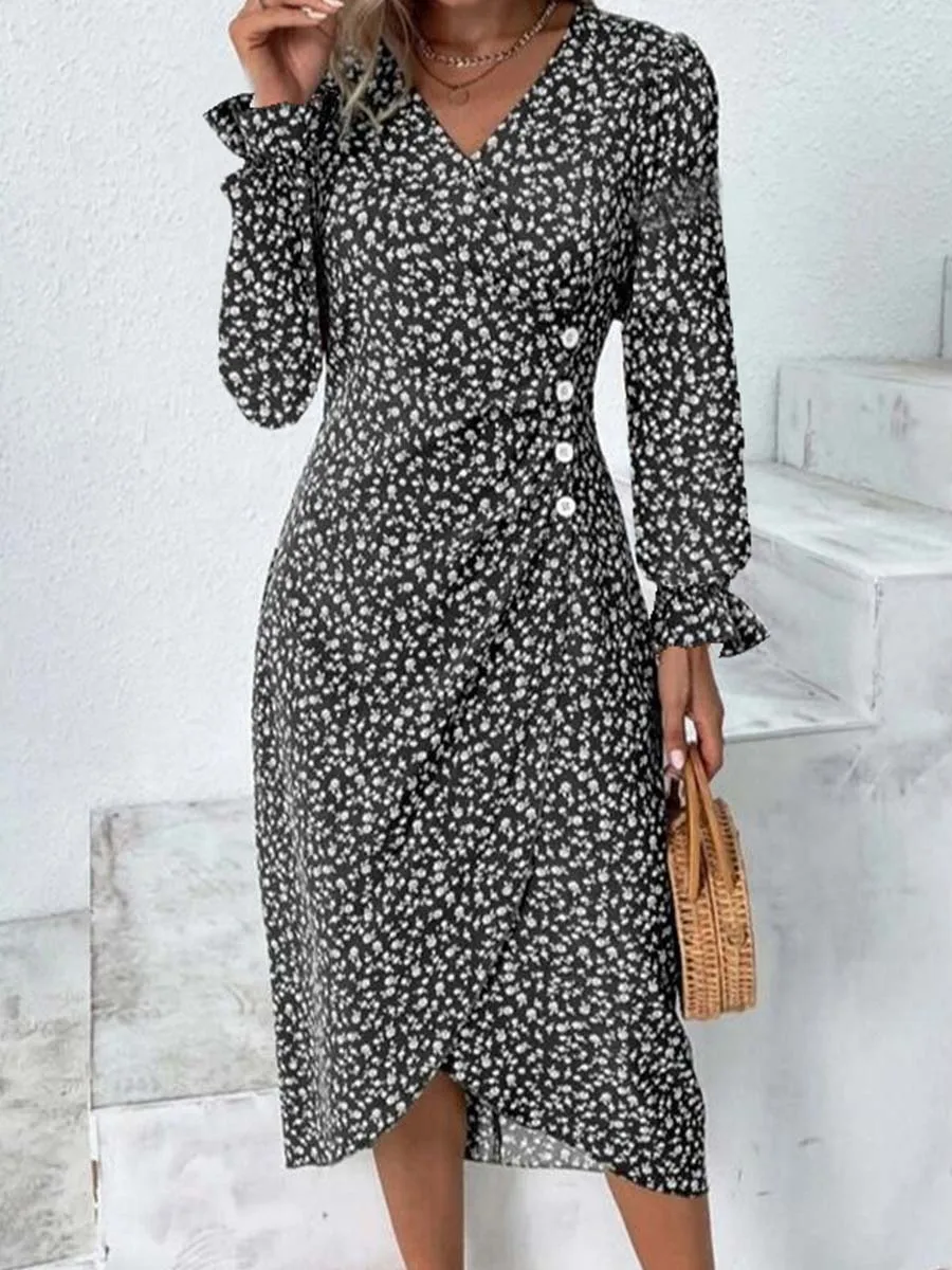 Frühling Floral Bodycon Midi Kleid Für Frauen V-ausschnitt Langarm Rüschen Slim Fit Kleider Weibliche Sexy Vestido Robe