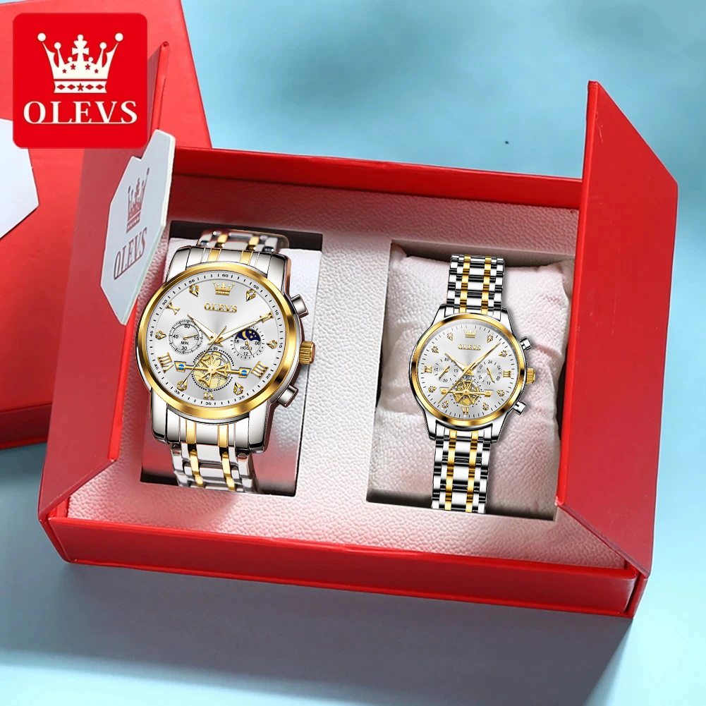 Jam Tangan pasangan ของ OLEVS สแตนเลสสำหรับผู้ชายผู้หญิงนาฬิกาควอตซ์กันน้ำชุดคู่รักแฟชั่นแบรนด์หรู