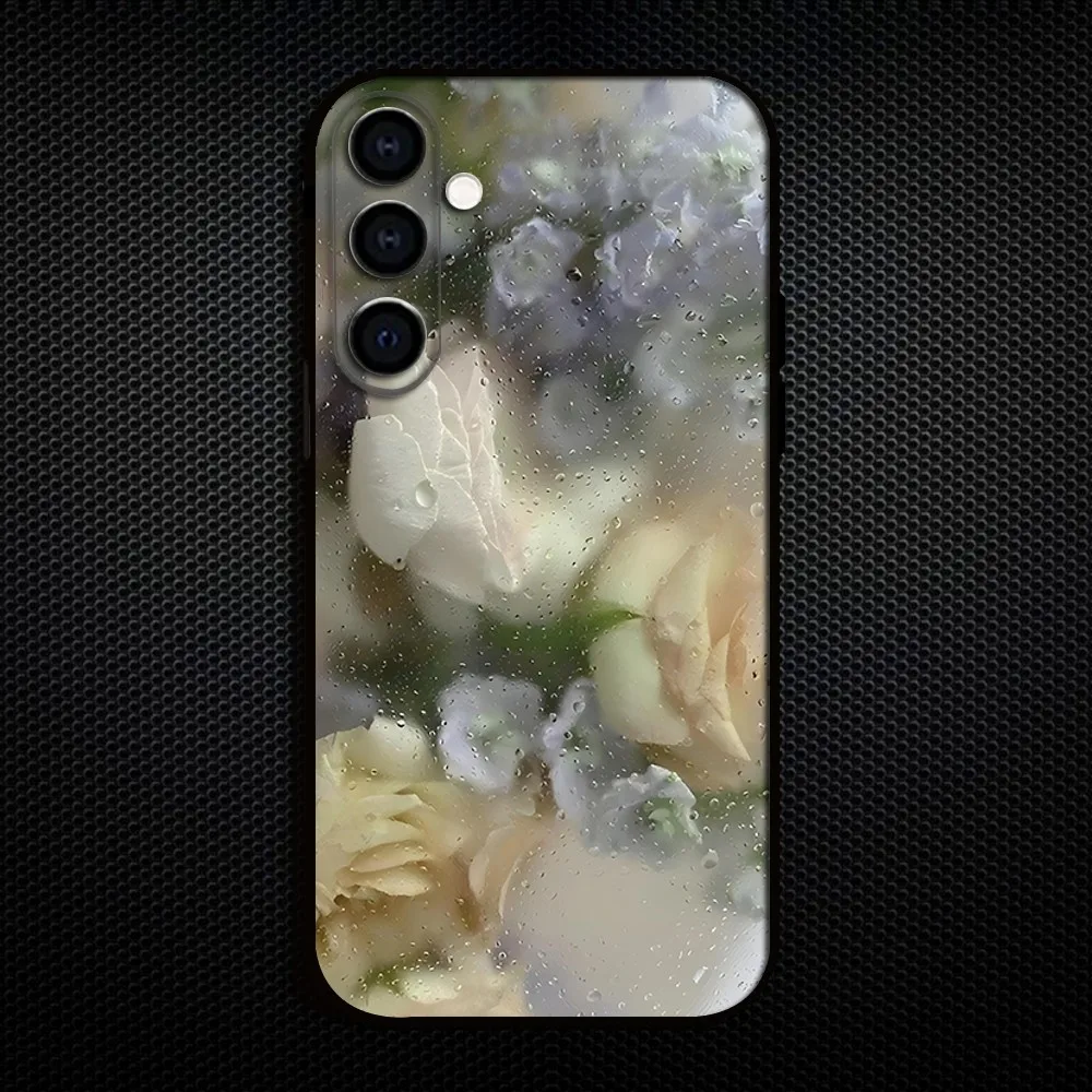 Casing Ponsel Bunga Tetesan Air untuk Samsung Galaxy A73/A72/A71/A70/A53/A52/A51/Cangkang Hitam Lembut Lainnya