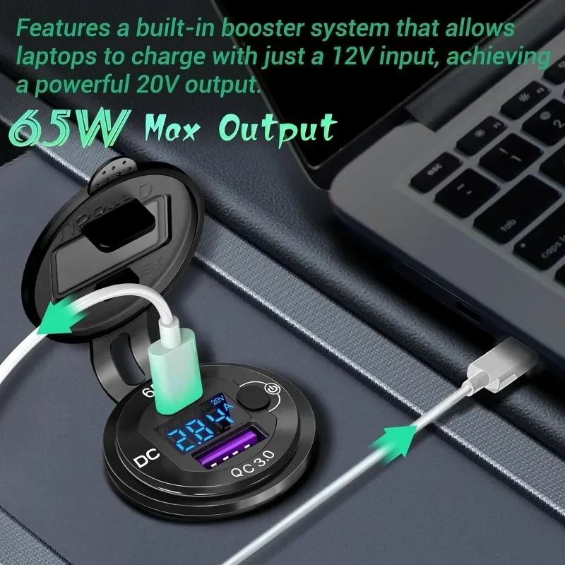 12V/24V USB carga de coche 83W PD tipo C toma de carga rápida enchufe de ordenador portátil con voltímetro adaptador de carga de toma de corriente de motocicleta