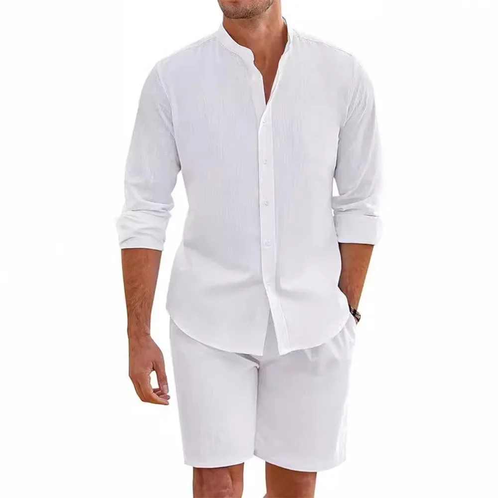 2-teiliges Set für Herren, Sommer-Hemd und Shorts aus Baumwolle und Leinen, Strickjacke, einfache lässige Strandhemden, bequeme Hawaii-Kleidung