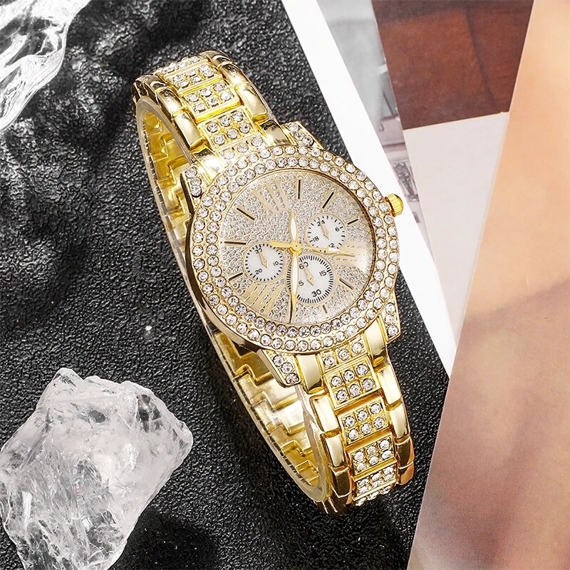 Montre à Quartz Dorée de Luxe pour Femme, Ensemble de Bijoux, Bague, Collier, Boucles d'Oreilles, Strass, Mode Décontractée