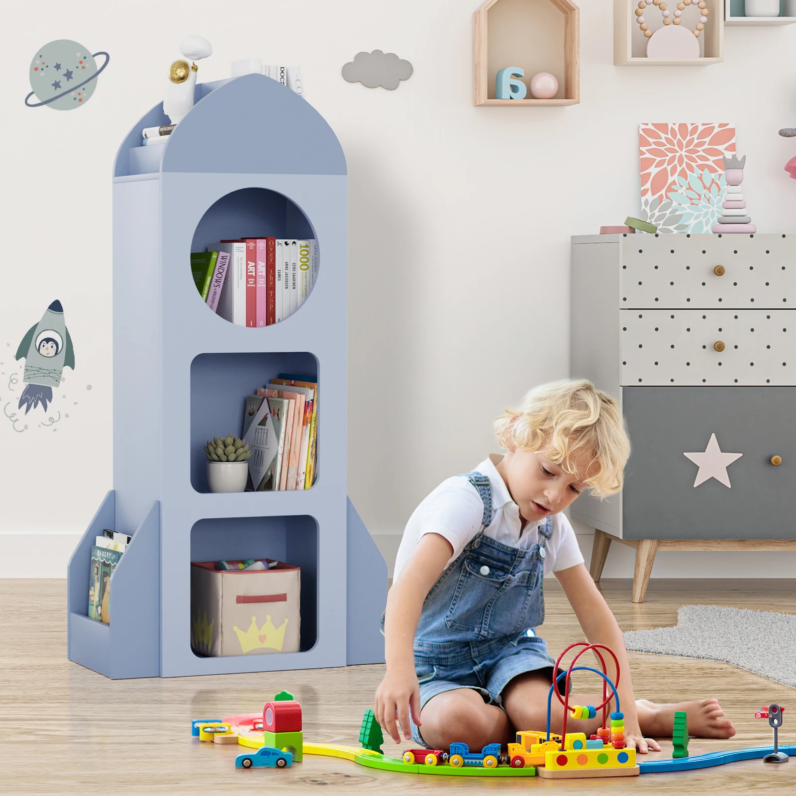 Kids Bookshelf & Toy Storage, 3-Tier Rocket Baby Book Shelf Side shelves, Wood Open Toddler Bookcase, Spacious Display Organizer