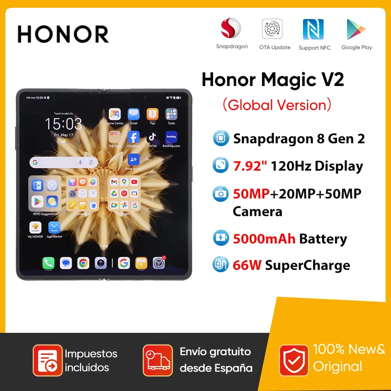 Versione globale Honor Magic V2 5G pieghevole LTPO OLED 120Hz Display 7.92 "50MP fotocamere posteriori Snapdragon 8 + Gen 2 5000mAh 66W NFC