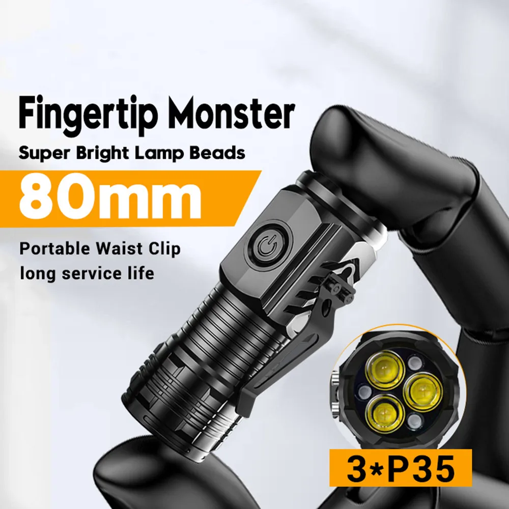 Mini linterna LED portátil, potente linterna de bolsillo pequeña con 3 mechas, recargable por USB, linterna de luz fuerte, lámpara con Clip de tapa superbrillante