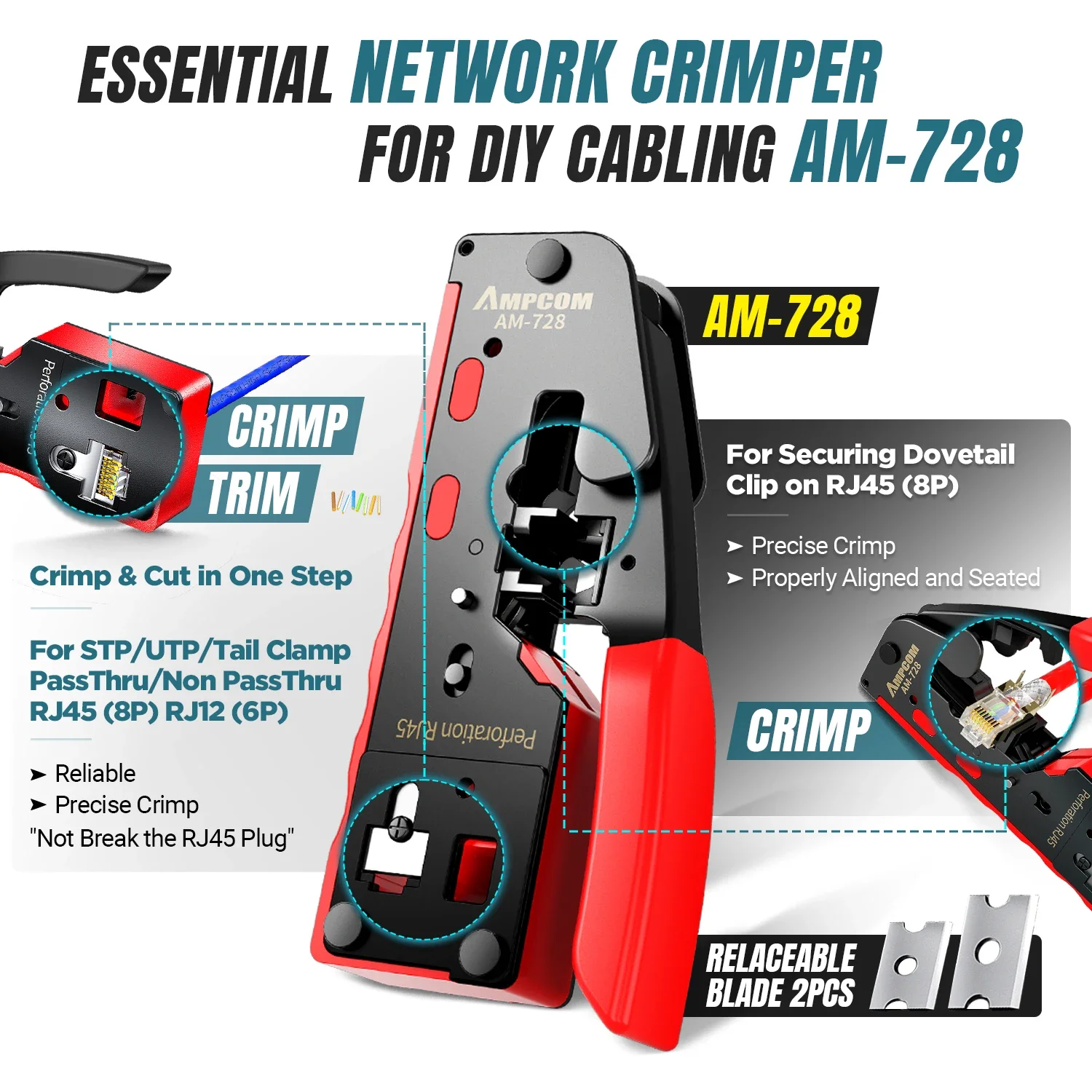 AMPCOM RJ45 проходной обжимной сетевой набор инструментов для Cat5e Cat6 Cat7 с сетевым обжимным устройством/инструмент для отверстий/тестер кабелей TEL/LAN